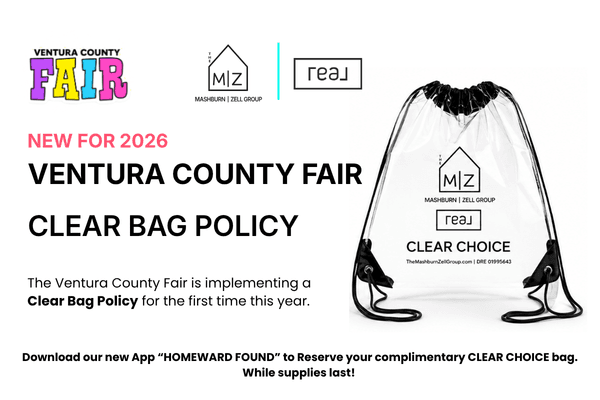 Ventura County Fair 2026 Clear Bag Policy promotion featuring The Mashburn Zell Group and Real Brokerage. Download the Homeward Found app to reserve a complimentary Clear Choice clear bag while supplies last.